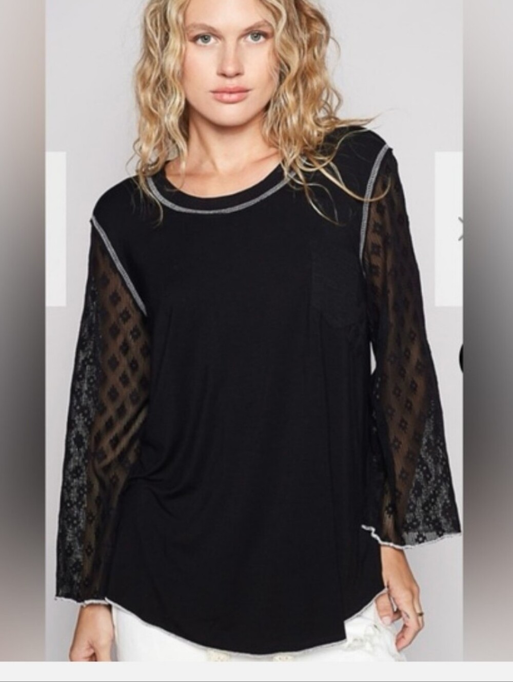 POL Black Long Sheer Lace Sleeves Tee  Top Tunic  M NWOT Stretch